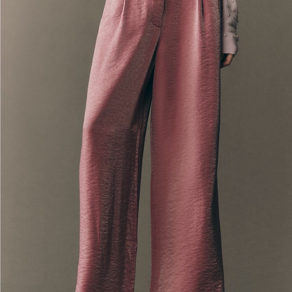 Anthropologie Rose Satin Wide-Leg Trousers